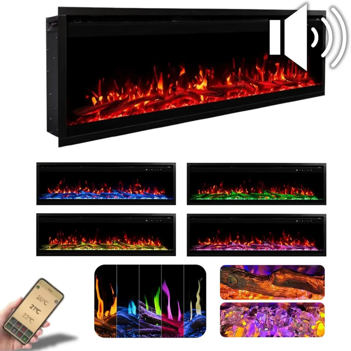 Camino Elettrico Incasso Royal Pro LED, Audio, Alexa, Nero, 120cm