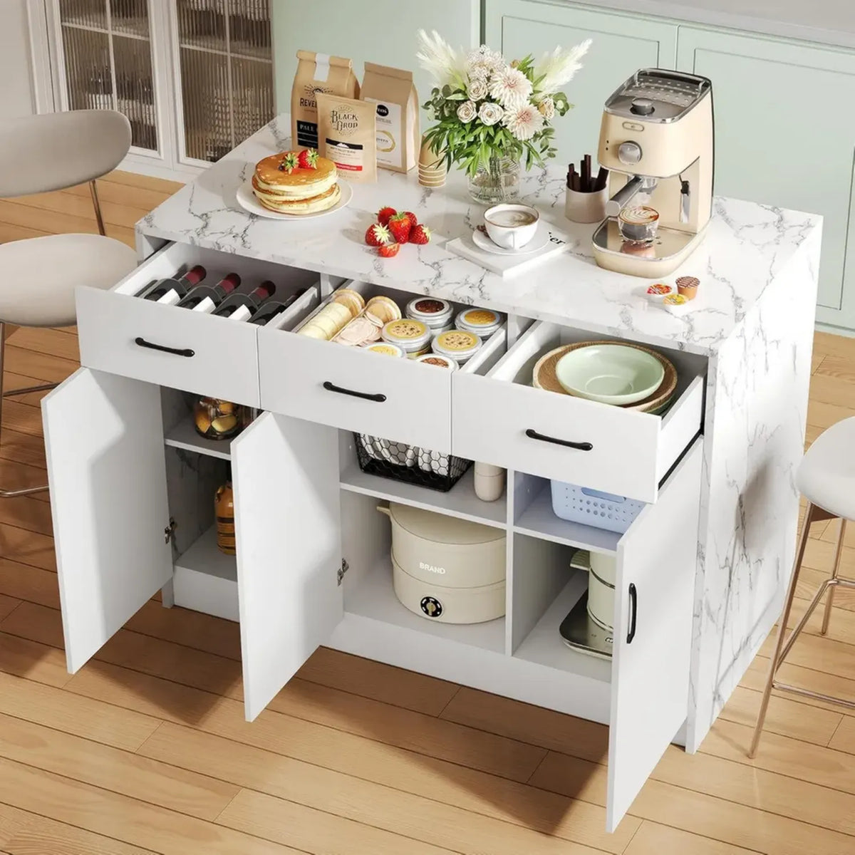 Credenza da Cucina in Effetto Marmo Bianco con Ripiani Regolabili e Zona Bar, 120x60x90,5 cm