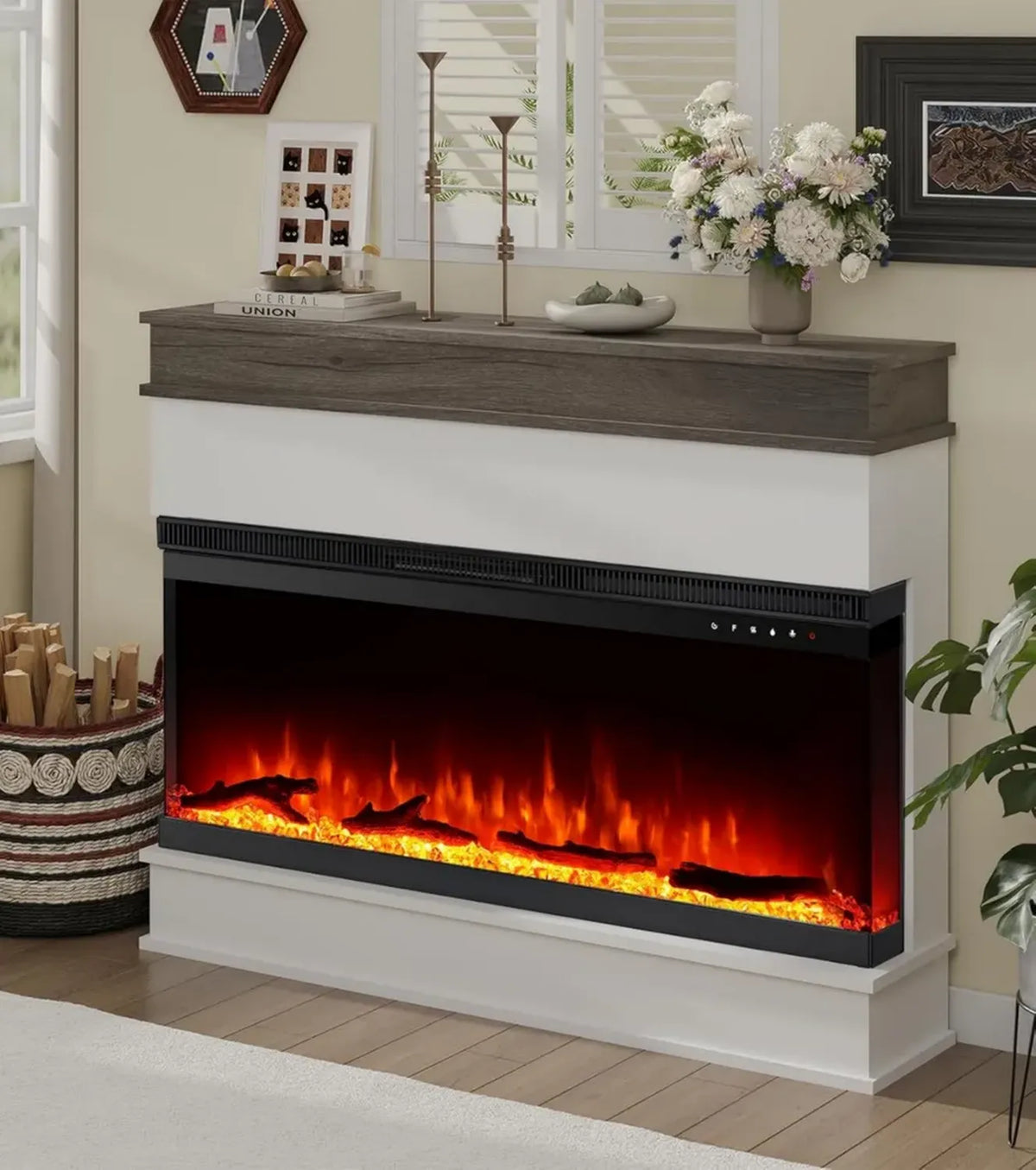 Caminetto elettrico M.C.Haus 50 pollici - Design moderno a 3 lati - 12 varianti di fiamma - 1800/900W - Inclusi telecomando, legno e cristalli, bianco