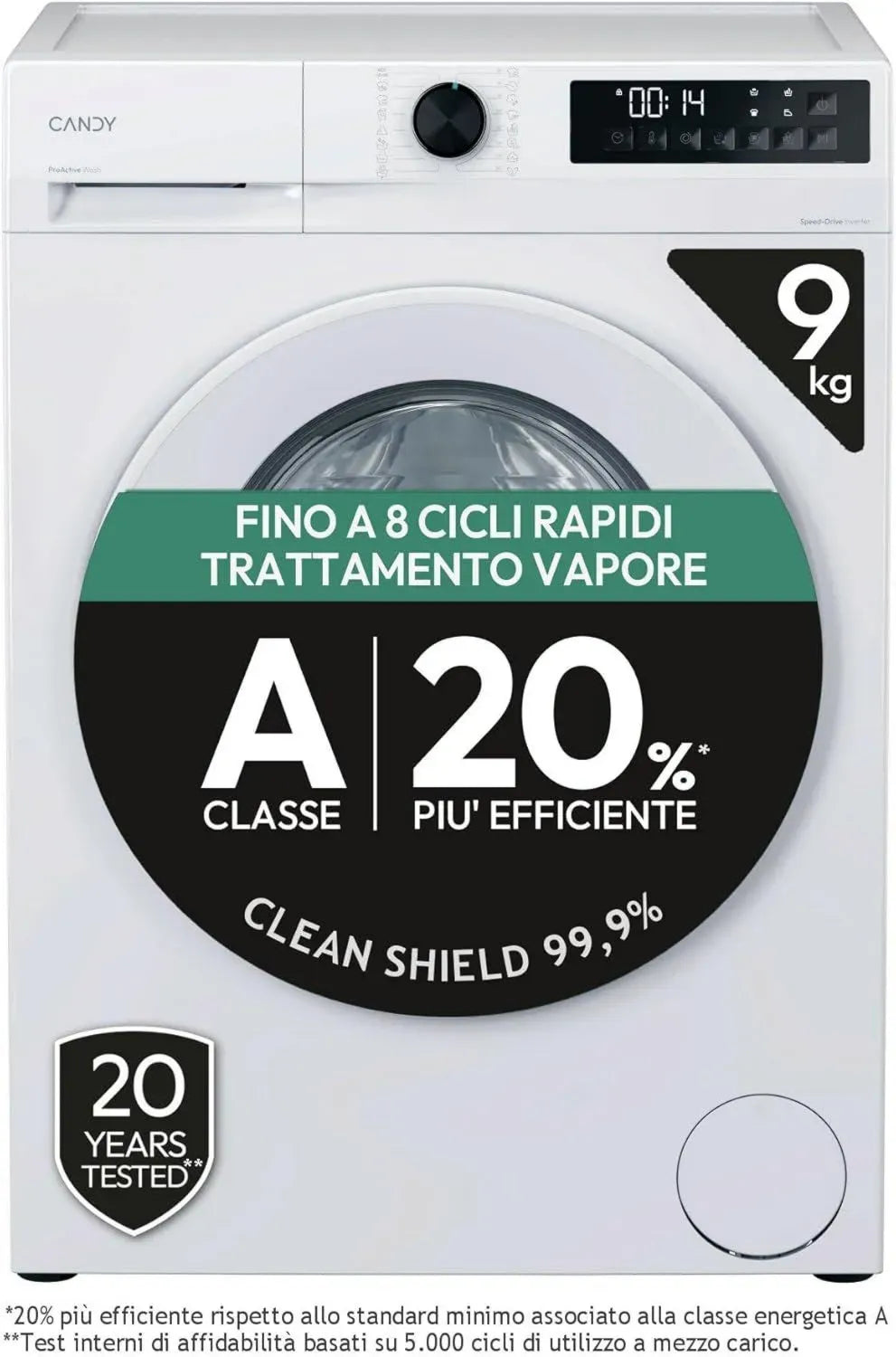 Candy ProWash 300 Lavatrice 9KG, 1400 giri, 16 Programmi, Trattamento Vapore, Motore Inverter Silenzioso, Classe A, Bianco