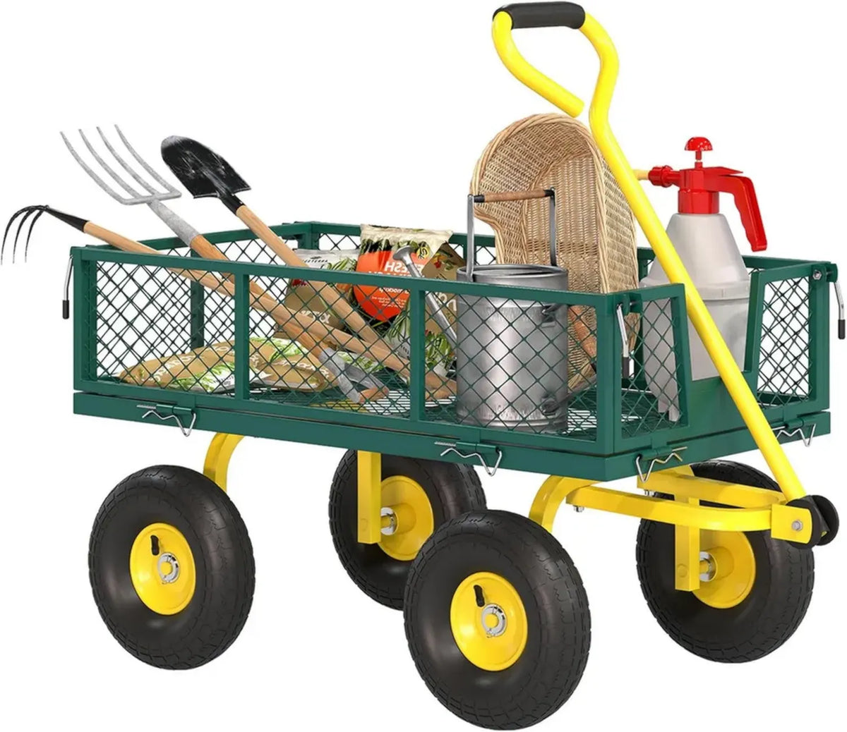 Carrello da Giardino in Acciaio con Pianale Convertibile e Ruote Grandi, Verde