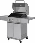 Griglia a Gas 3 Fuochi, Acciaio Inossidabile, 9 kW, Tavoli Laterali, Termometro Integrato, Accensione Elettrica, Ruote, Argento