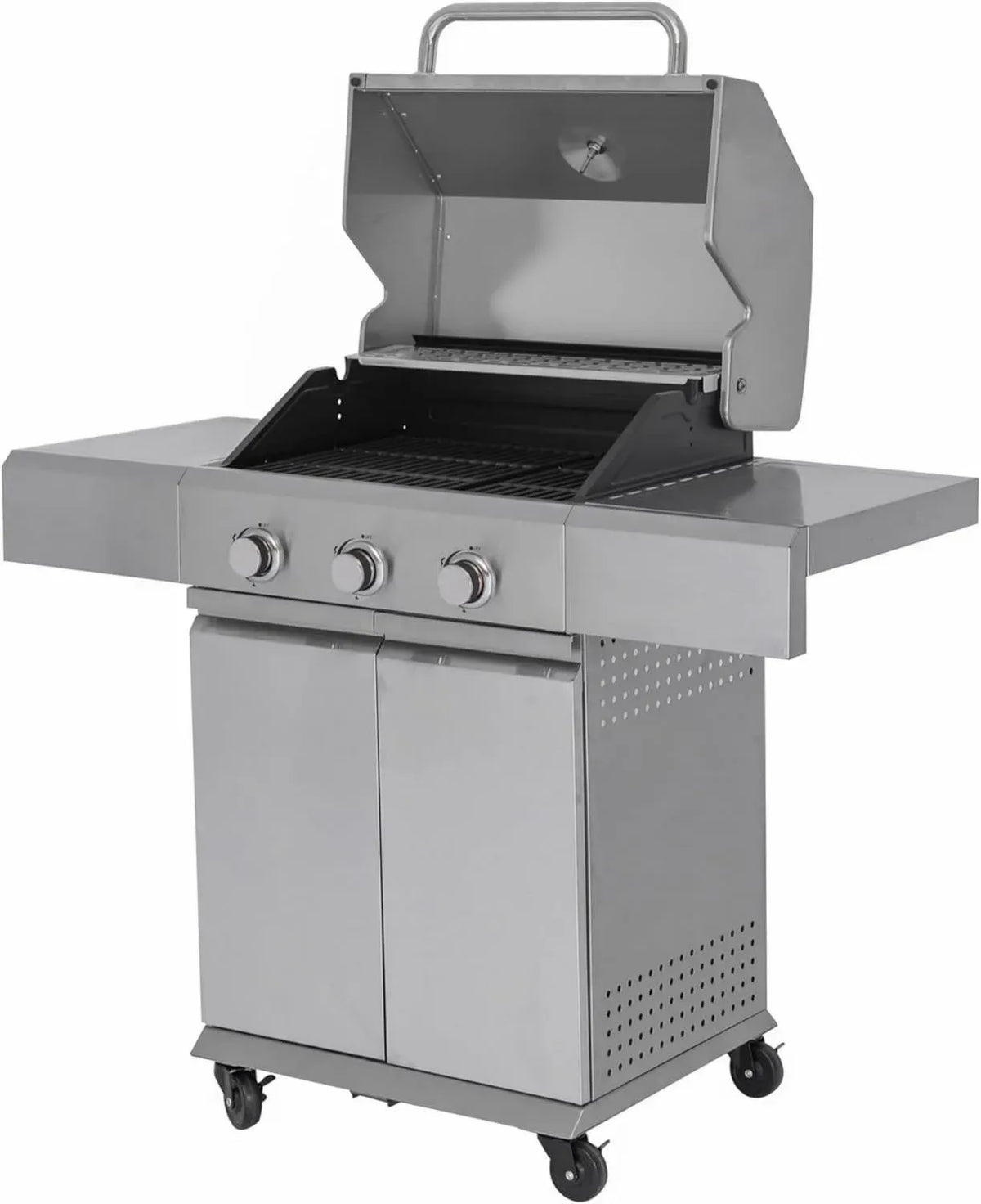 Griglia a Gas 3 Fuochi, Acciaio Inossidabile, 9 kW, Tavoli Laterali, Termometro Integrato, Accensione Elettrica, Ruote, Argento
