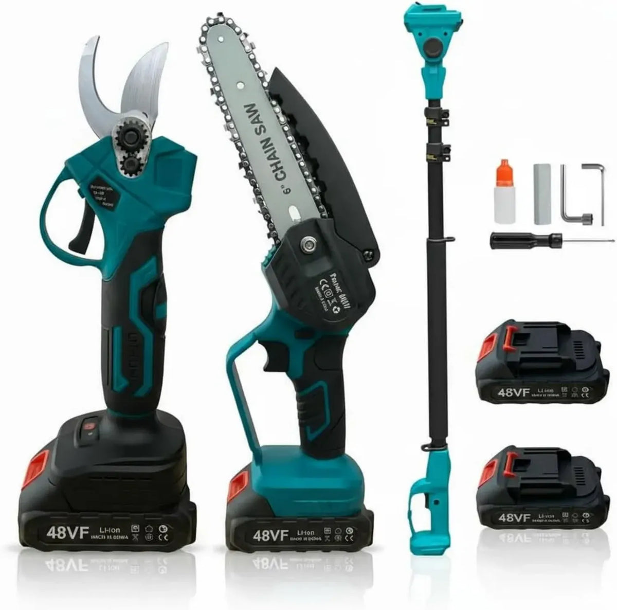 Set Potatura Elettrico 3 in 1: Forbici, Mini Motosega 15 cm e Asta Telescopica 3m