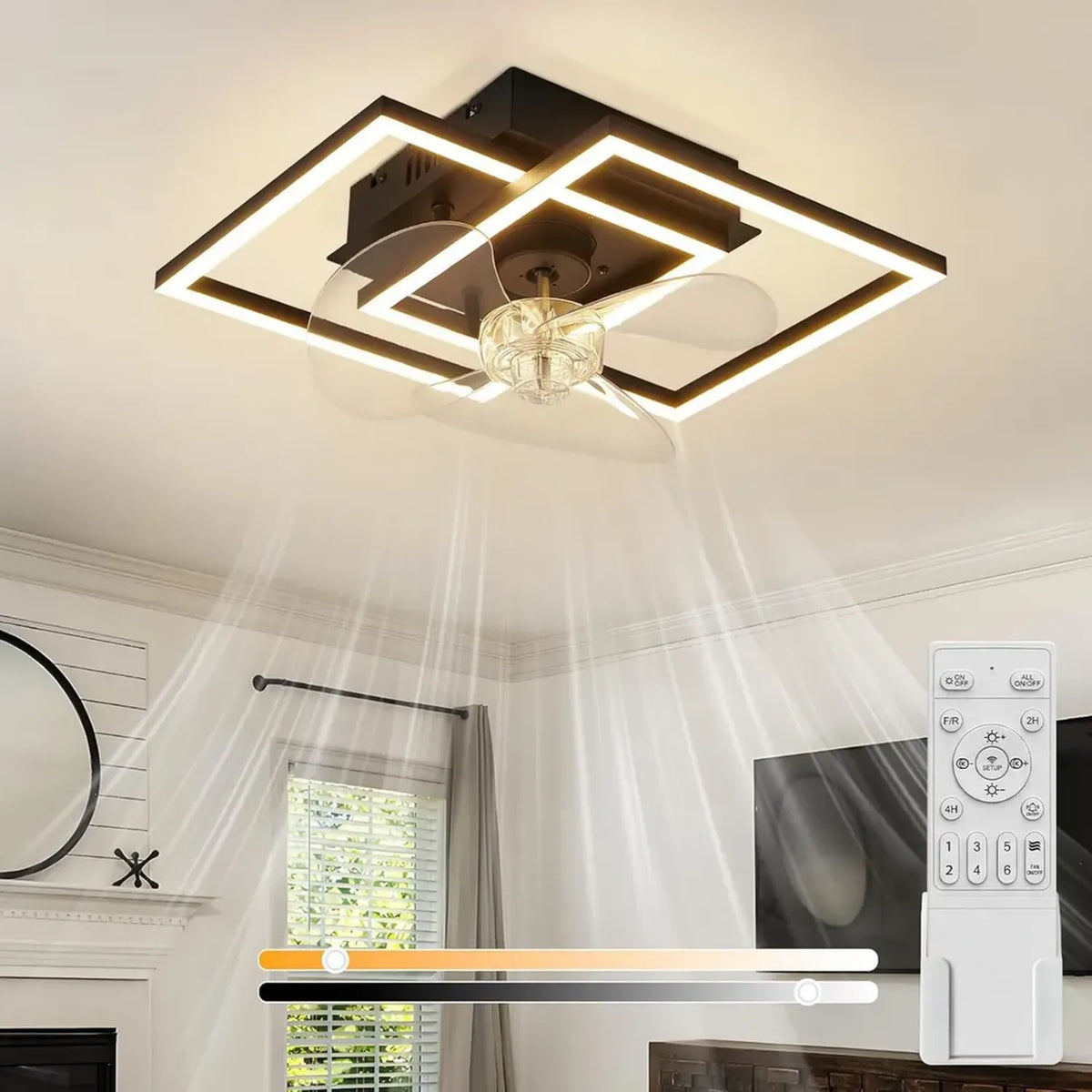 Ventilatore da soffitto silenzioso con illuminazione LED e telecomando – Nero dimmerabile, 6 velocità, timer per camera da letto