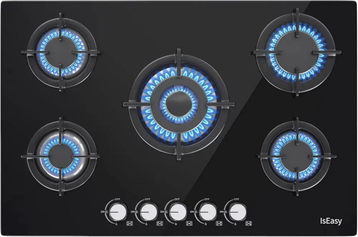 Piano Cottura a Gas 5 Fuochi da Incasso in Vetro Nero, 77cm, 10500W, Protezione Anti-Fiamma, Compatibile con Gas Naturale e Propano