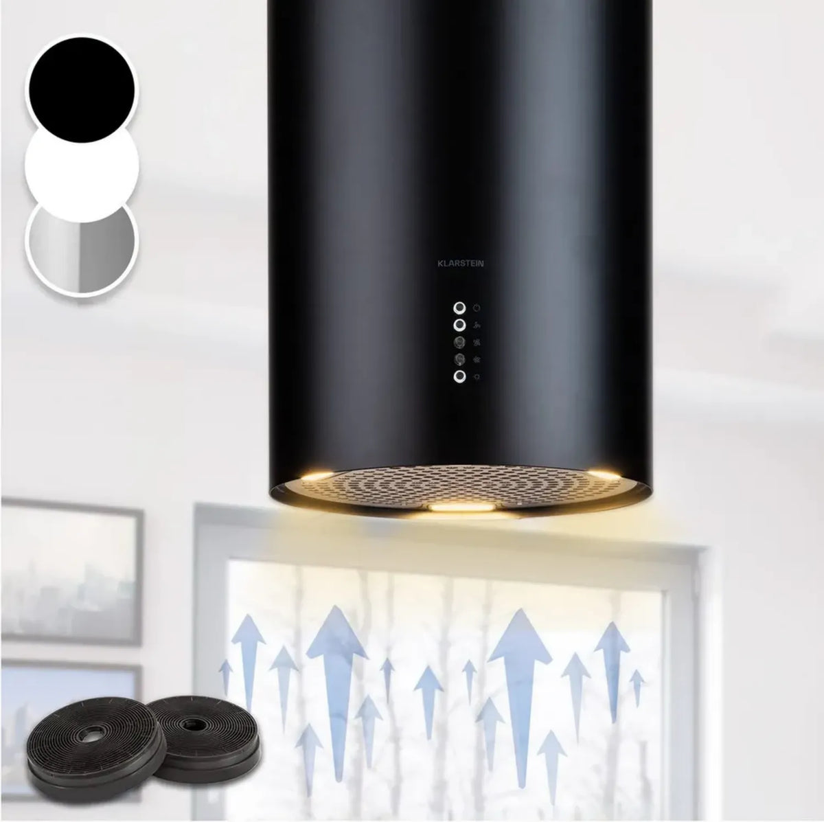 Klarstein Cappa da Cucina con Timer, Aspirazione 600m³/h, Isola con 3 Velocità e Filtri Antigrasso, Design Moderno con Filtri a Carboni Attivi