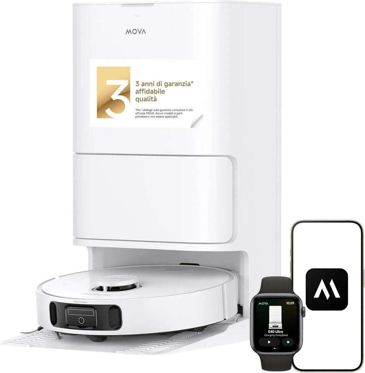 Mova E40 Ultra Robot Lavapavimenti e Aspirapolvere 19000Pa, MaxiReach, Stazione All-in-One, 75 Giorni di Pulizia, Bianco