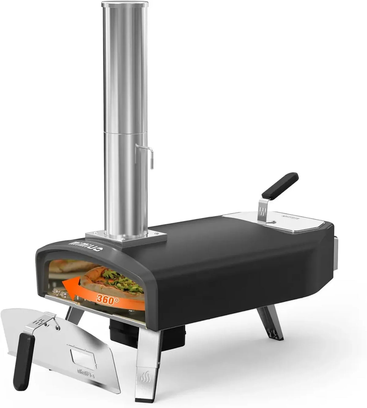 Forno per Pizza Portatile con Rotazione Automatica, Legna e Carbonella per Esterni
