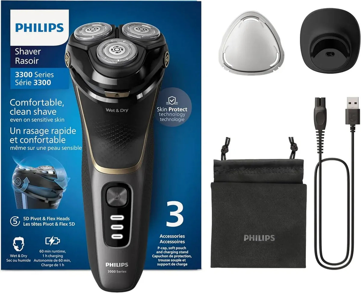 Philips Rasoio Elettrico Serie 3000 Wet&Dry per Uomo, Tecnologia SkinProtect, Nero, Rifinitore a Scomparsa, Caricatore e Custodia da Viaggio