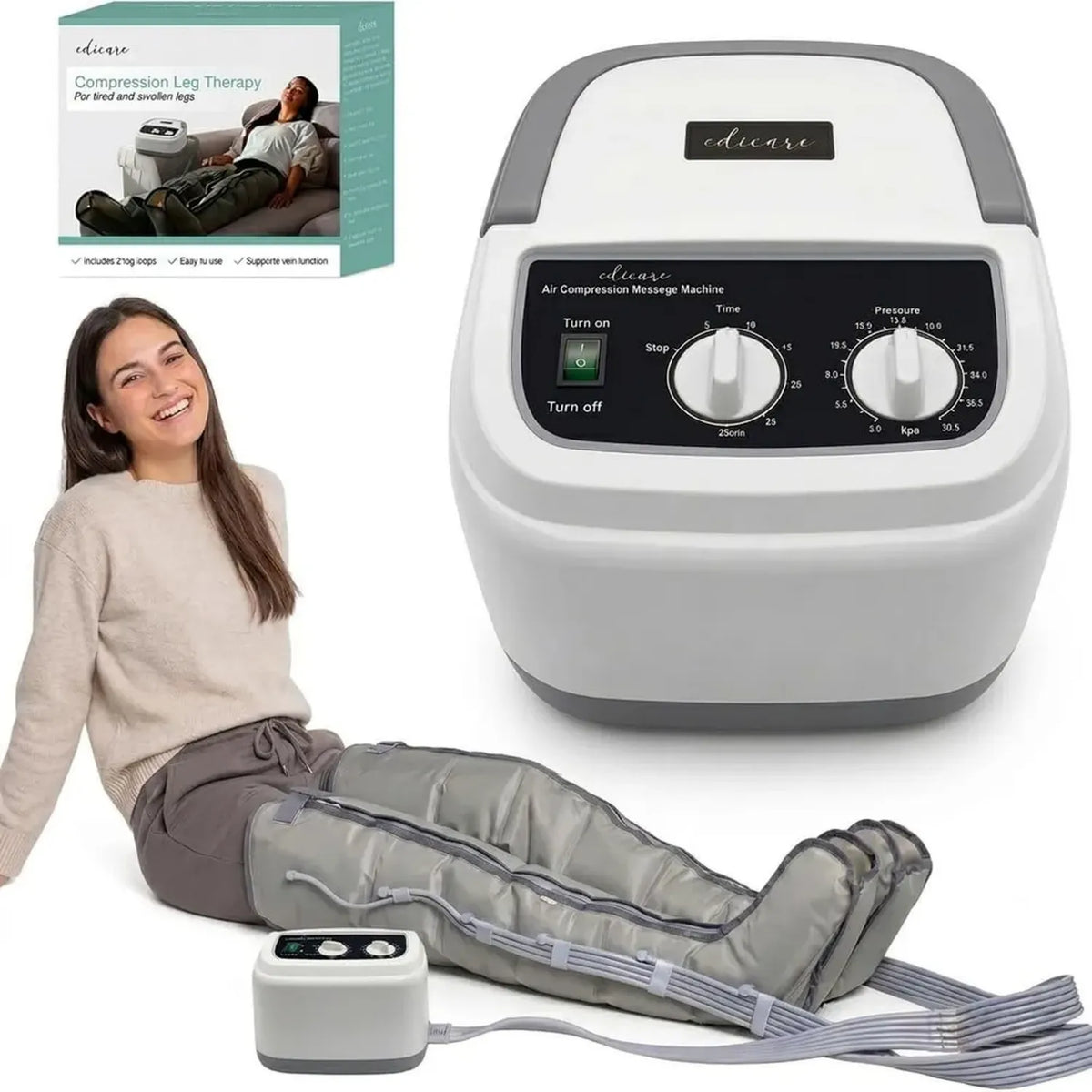 Dispositivo di Pressoterapia Professionale per Linfodrenaggio, Massaggio Gambe e Piedi, Anticellulite, 6 Camere d'Aria con Gambali Inclusi