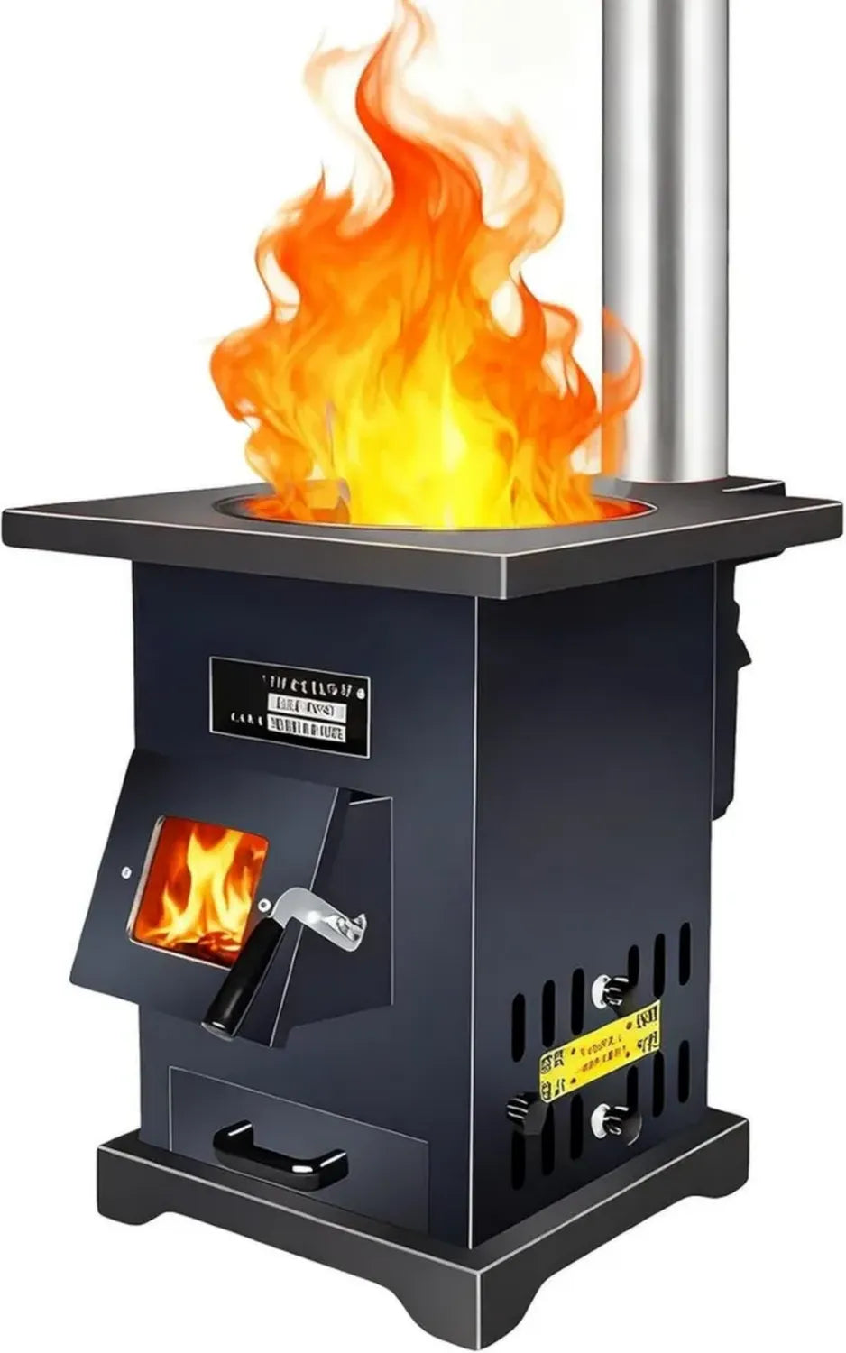 Stufa a legna ad alta efficienza, struttura in acciaio e ghisa, con forno integrato e tubi